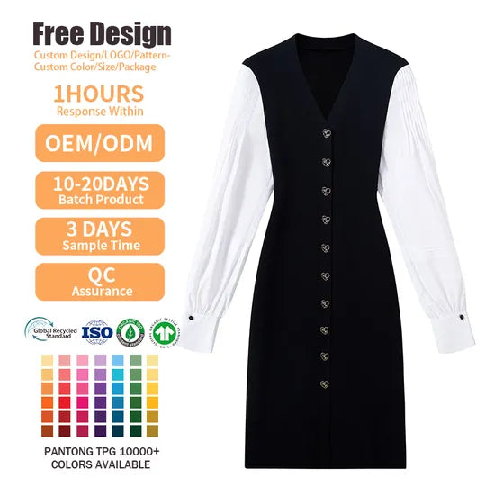 Elegant Women's V-Neck Knit Dress with Buttons β Long Sleeve Midi Style