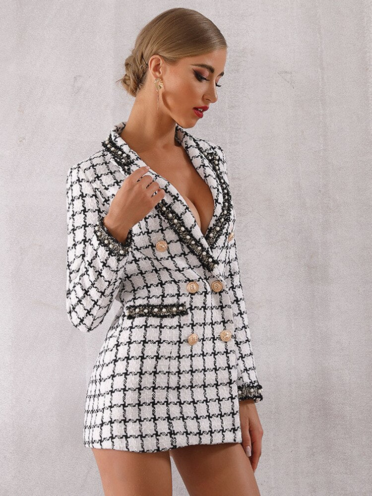 UNIKCOSA NoirFit Beaded Check Wool Coat Craftsmanship π€