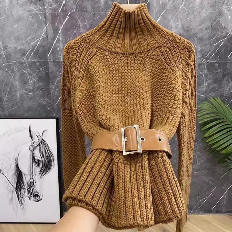 UNIKCOSA Belted Knit Half-Turtleneck Sweater — Vintage Slim-Waist Korean Pullover 🧥