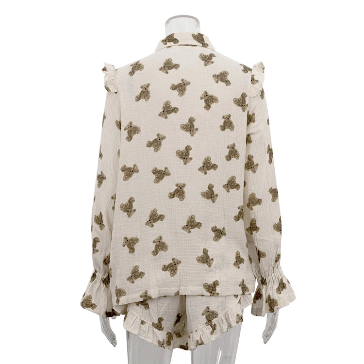 UNIKCOSA Women’s Ruffled Pajama Set – Crepe Cotton Printed Blouse & Shorts 2-Piece Outfit (Summer/Fall 2025 Edition)