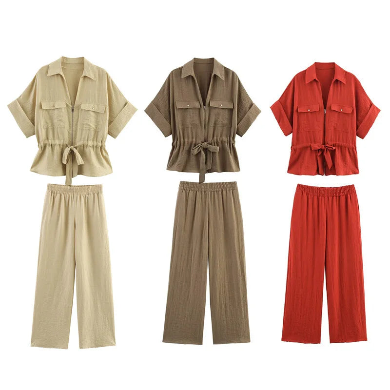 Women's Summer Casual Tie-Waist Shirt and Wide-Leg Pants Set