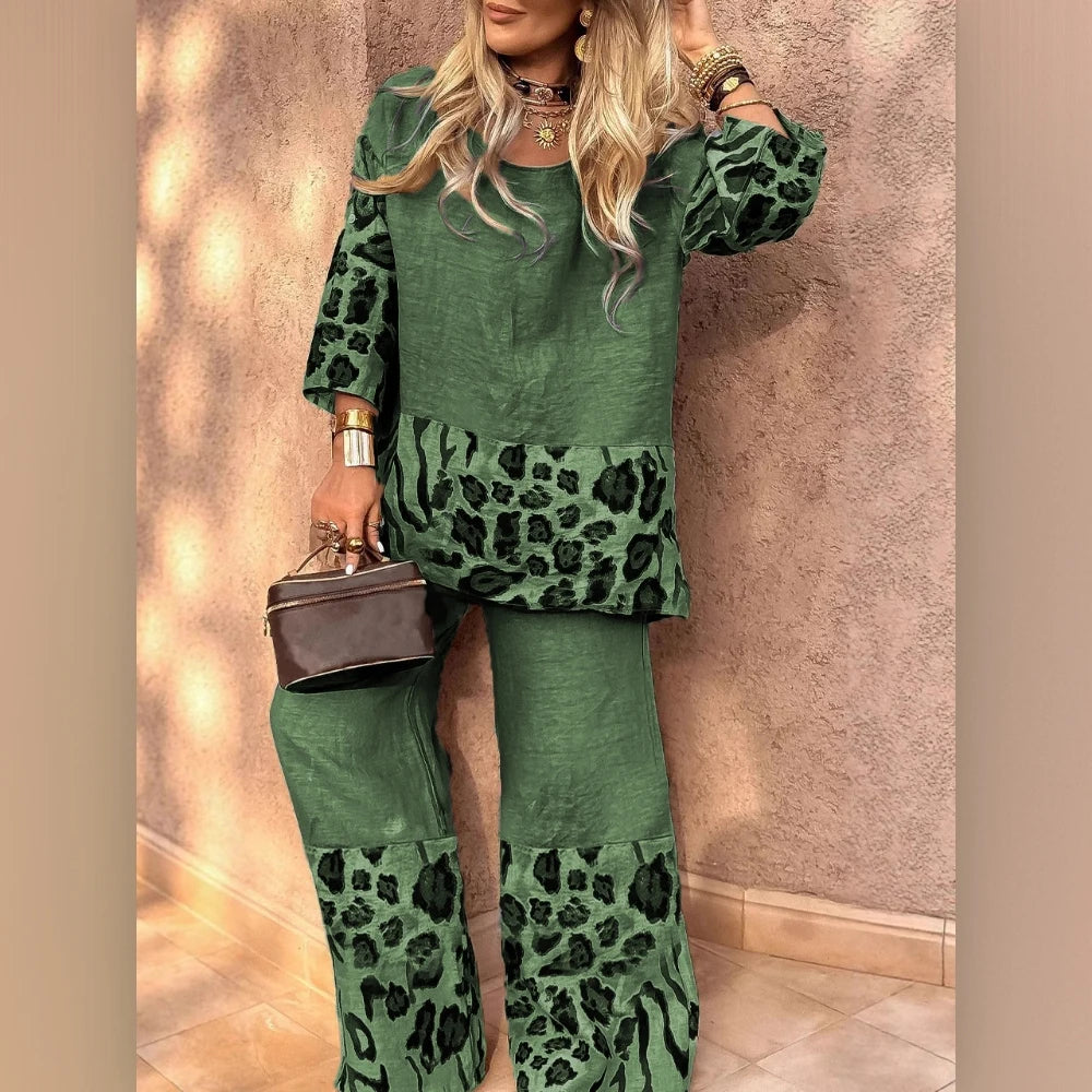 Leopard Print Women's Casual Cotton-Linen Top and Pants Set