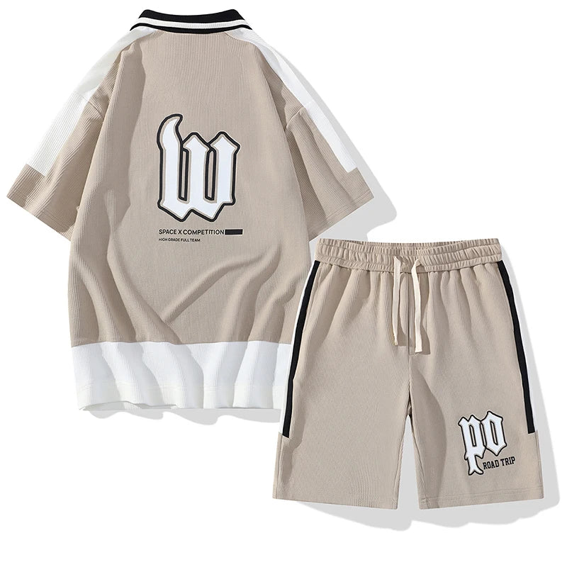 UNIKCOSA Men’s Summer Two-Piece Set – Casual Lapel Short-Sleeve T-Shirt & Matching Shorts (Youth Sports Edition)