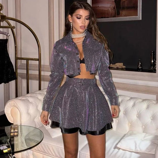 UNIKCOSA NoirFit Sequin Party Set Bling Jacket Skirt 💫