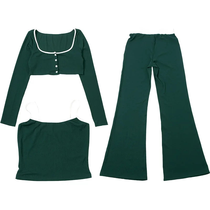 Elegant Green Casual Camisole & Flared Trousers Set