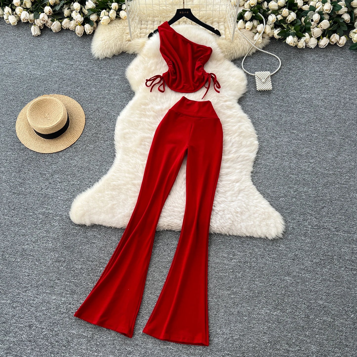 Summer Casual 2 Piece Set For Women One-shoulder Bandage Top And High Waist Set Jogging Suits Wholesale