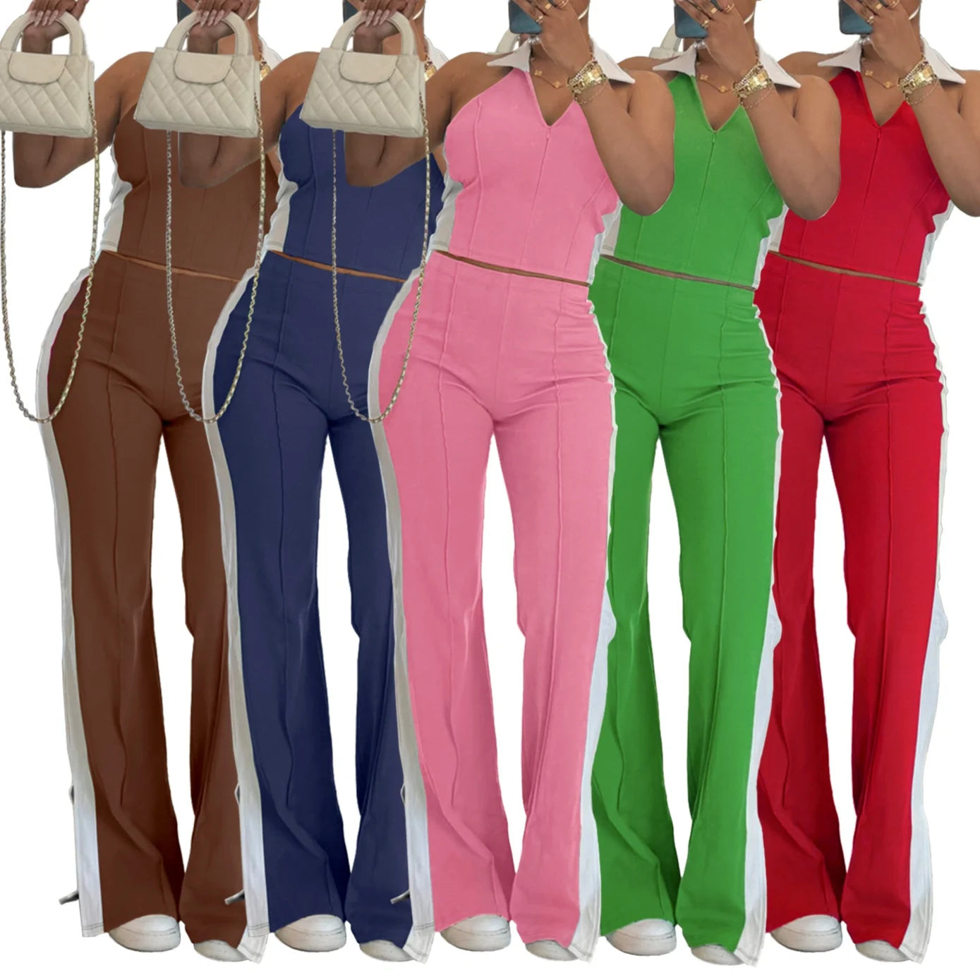 Splicing Collision VβNeck Sleeveless Top with Zipper Slit Pants