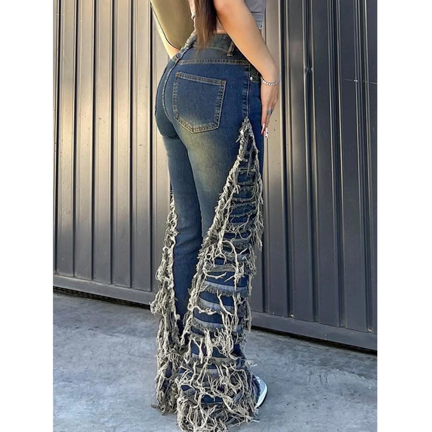 UNIKCOSA Women’s Tassel Denim Pants – High-Waist Hollow-Out Y2K Streetwear Jeans (Summer/Autumn 2025 Edition)
