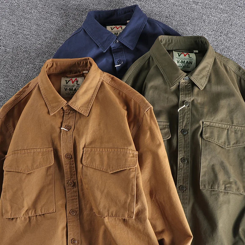 Retro Male Cargo Shirt Jacket Canvas Cotton Casual Work Safari Style Shirts Mens Top Clothing