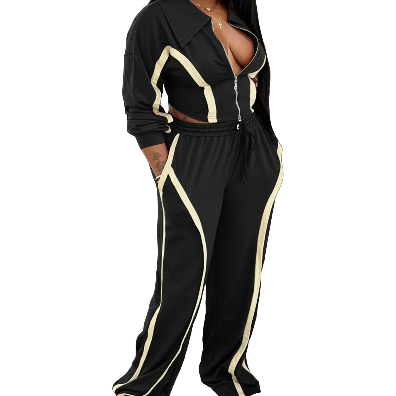 Women's Striped Patchwork Contrast Color Zipper Collar Top & Wide-Leg Pants 2-Piece Set