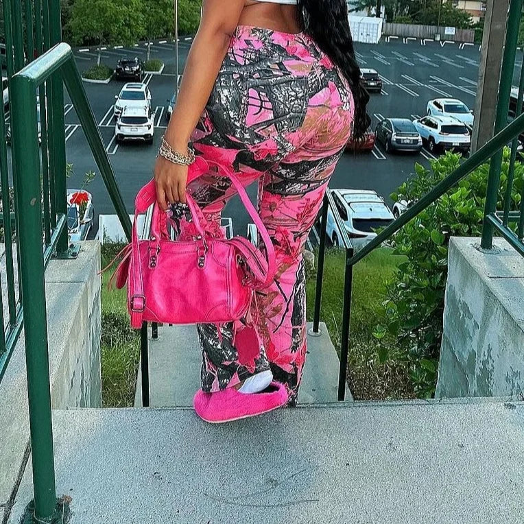 Pink Camouflage High‑Waisted Slim‑Fit Flared Pants for Women