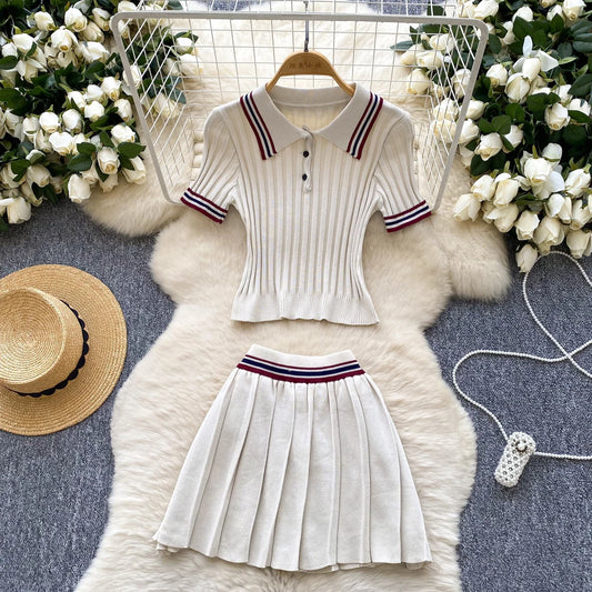 Vintage Women's Knitted Top and High Waist Skirt Set