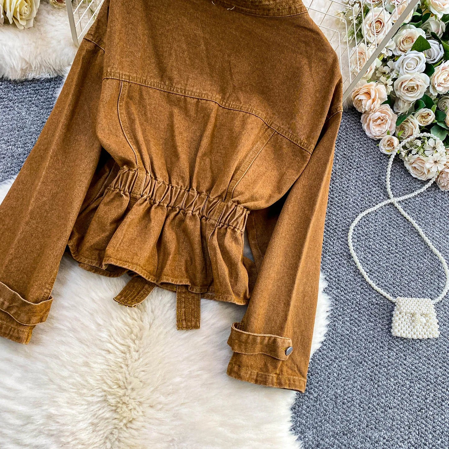 Boutique Wholesale 2025 Autumn New Fashionable Diamond Studded V-neck Waist Cinched Short Denim Women's Jacket