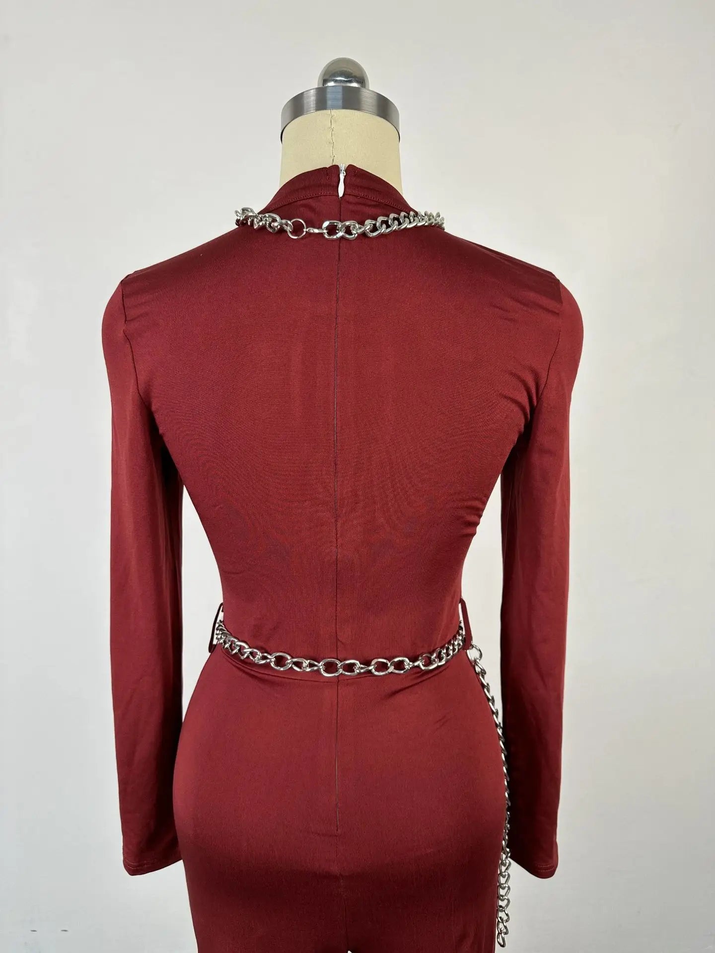 UNIKCOSA Velora Jumpsuit Wine Red O Neck Slim Fit Flared 💫