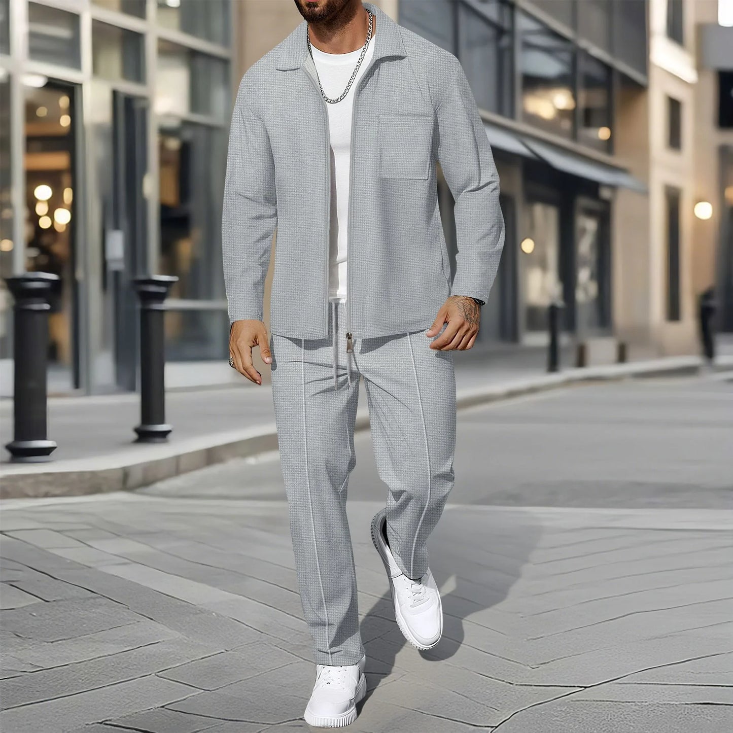 UNIKCOSA Men’s Autumn Outerwear Set – Long-Style Full-Zip Jacket & Pants Two-Piece Suit (220 GSM Polyester Edition)