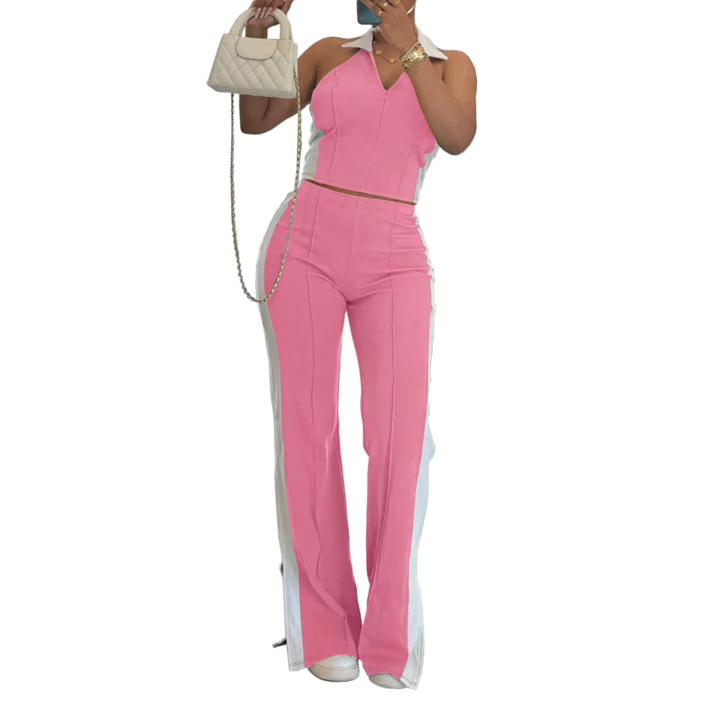 Splicing Collision VβNeck Sleeveless Top with Zipper Slit Pants