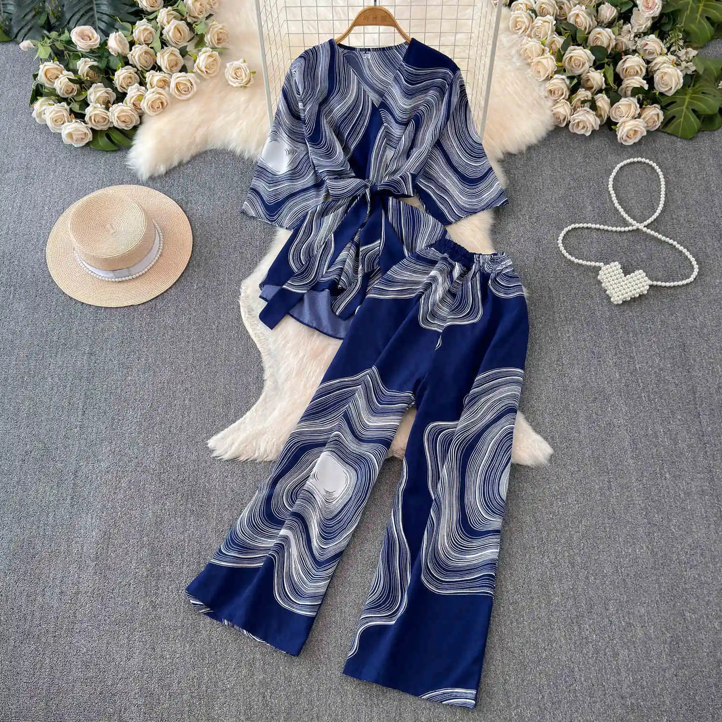 UNIKCOSA Women’s Summer Two-Piece Set – Short Sleeve Top & High-Waist Wide-Leg Pants (Chic Comfort Edition)