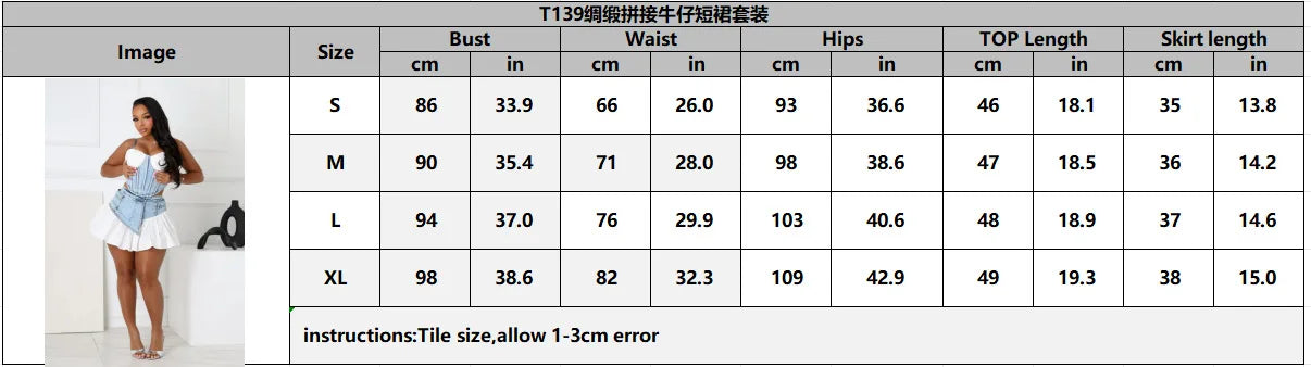 Light Blue Summer Spaghetti Top & Denim Patchwork Skirt Set