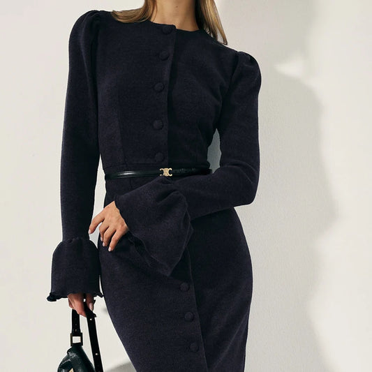 UNIKCOSA Velora Knitted Ruffle Dress Solid Color Button Up💫