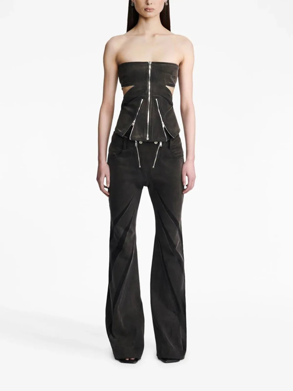 UNIKCOSA Women’s Denim Two-Piece Set – Color Block Zipper Tube Top & Flare Jeans (Casual Sexy Edition)