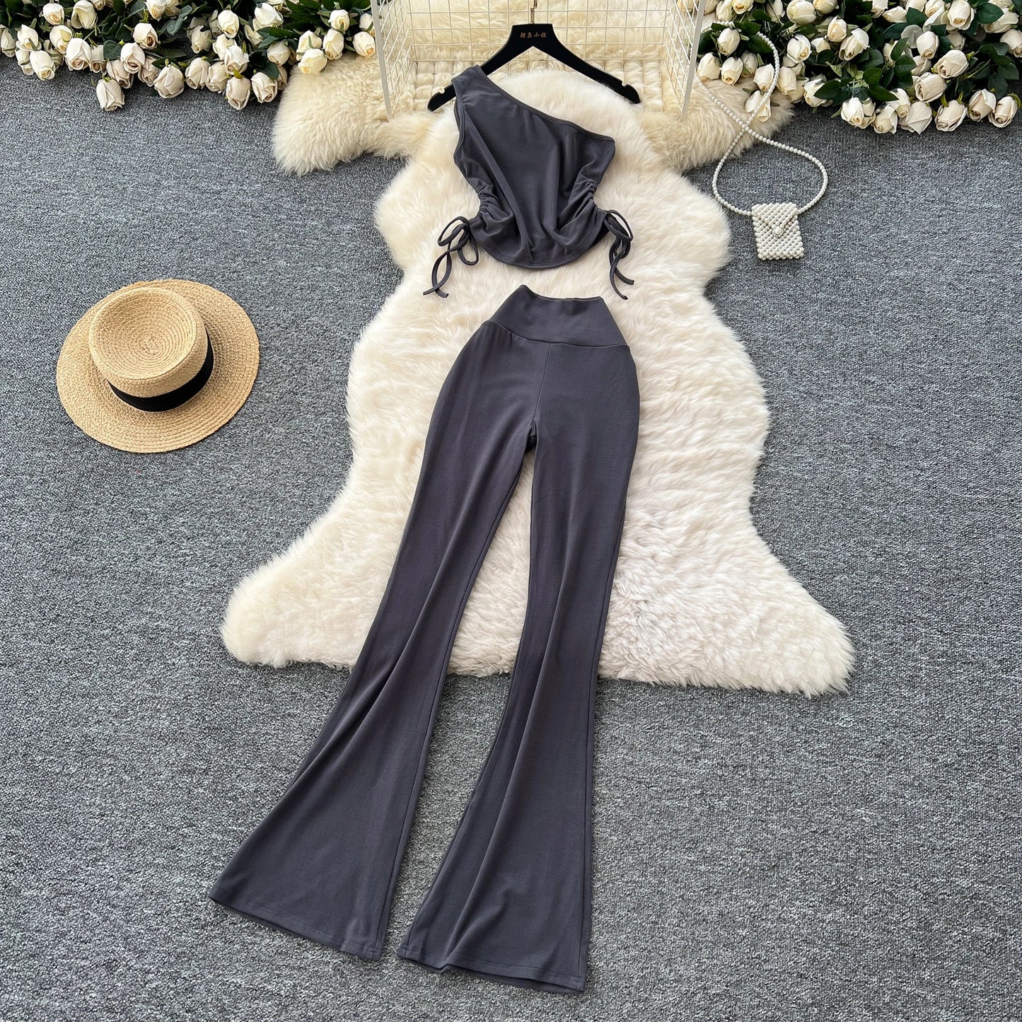 Summer Casual 2 Piece Set For Women One-shoulder Bandage Top And High Waist Set Jogging Suits Wholesale