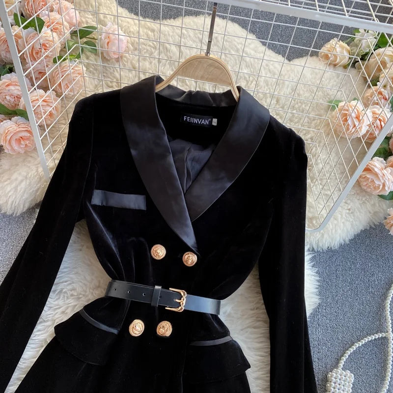 UNIKCOSA Women’s Black Velvet Blazer Dress – Double-Breasted Long Sleeve Elegant Outfit (Fall/Winter 2025 Edition)