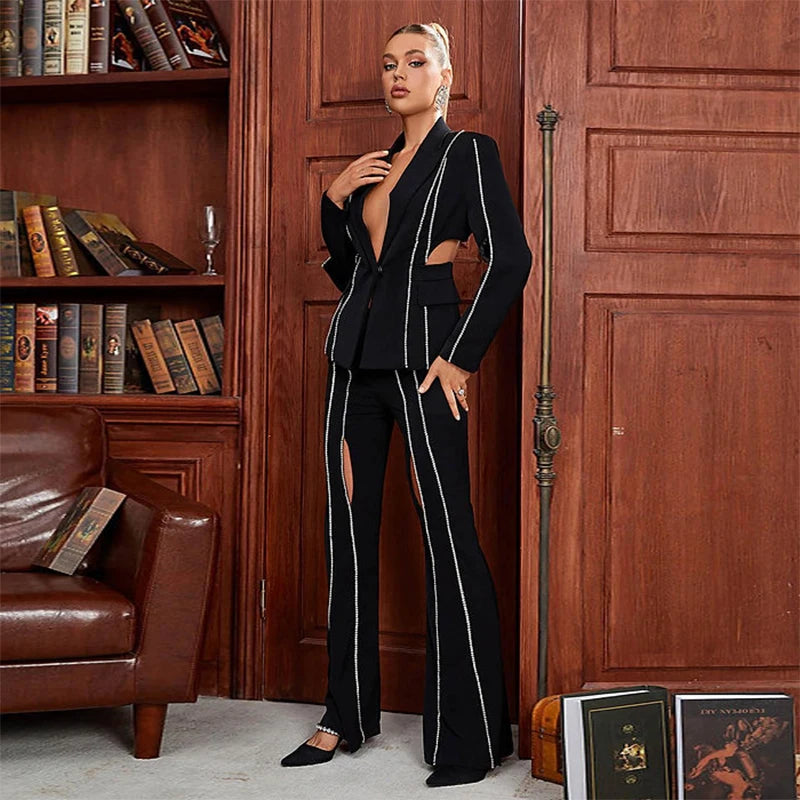 UNIKCOSA Women’s Diamond Bandage Suit – Luxury Jacket & Pants Two-Piece Set (Fall/Winter High Fashion 2025 Edition)