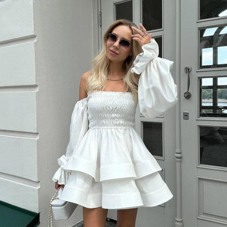 UNIKCOSA Women’s Off-Shoulder Pleated Dress – White Cotton Layered Tube Dress with Long Sleeves (Summer 2025 Edition)