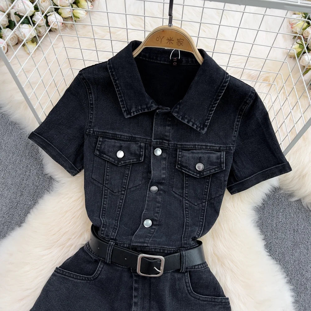 UNIKCOSA Women’s Denim Polo Jumpsuit – Summer Short Sleeve Single-Breasted Wide-Leg Shorts One-Piece