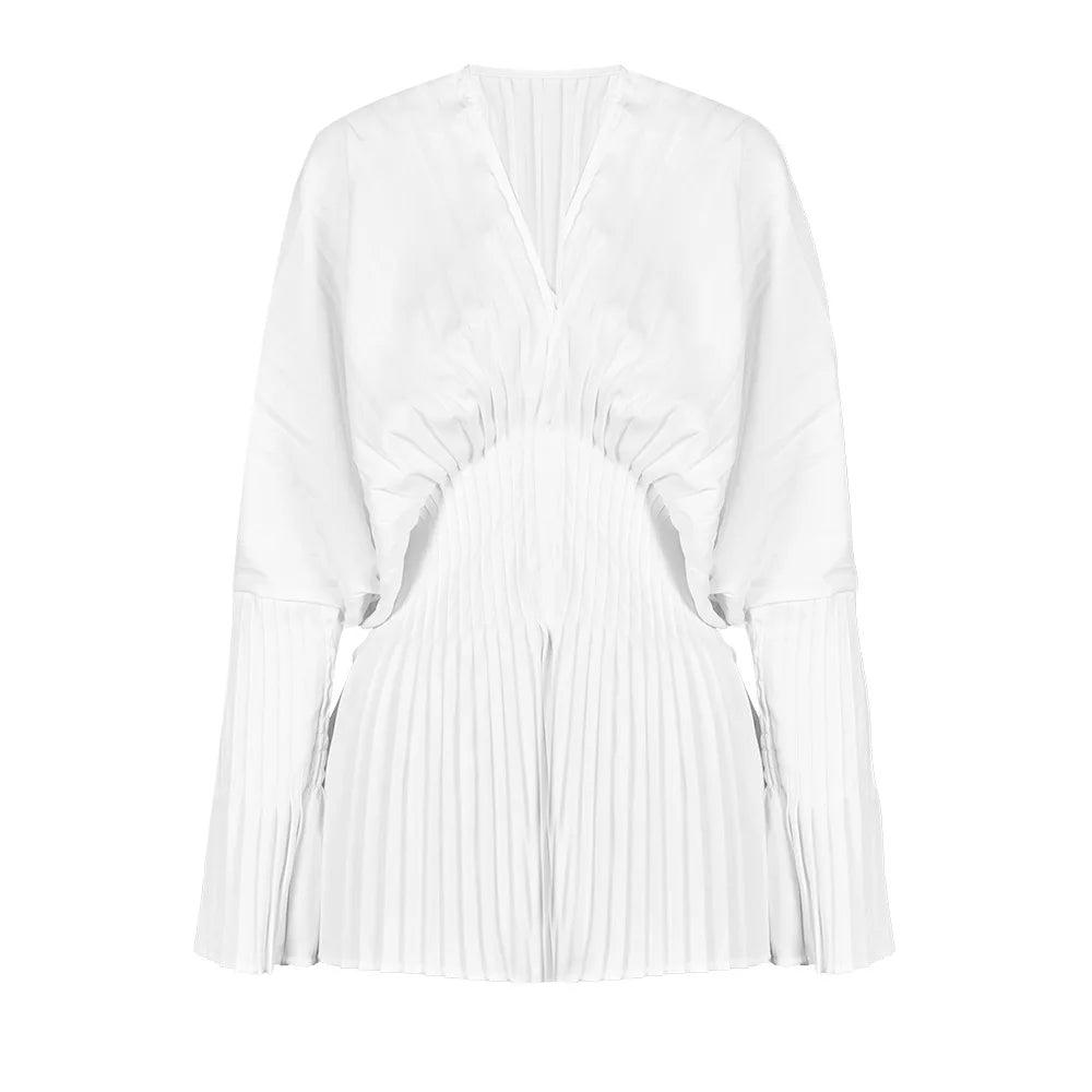 UNIKCOSA Women’s Elegant V-Neck Top – Autumn Slim Fit Waist-Tie Blouse with Pleated Flare Sleeves (High-Waist Edition)