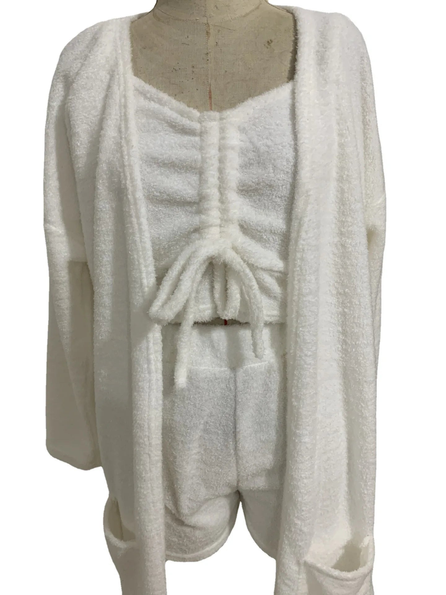 UNIKCOSA Women’s Plush Pajama Set – 3-Piece Luxury Sleepwear with Shorts, Bra Top & Robe