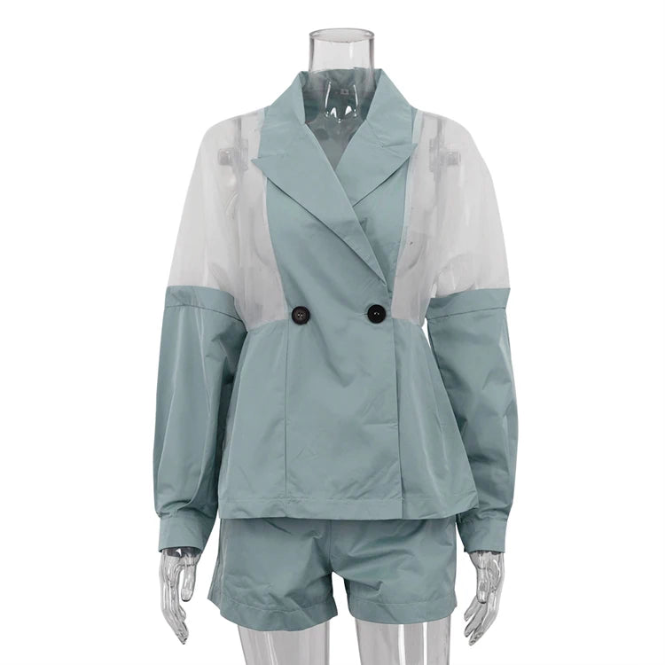 UNIKCOSA Women’s Patchwork Streetwear Set – Double-Breasted Jacket & Shorts 2-Piece Outfit (Summer 2025 Edition)