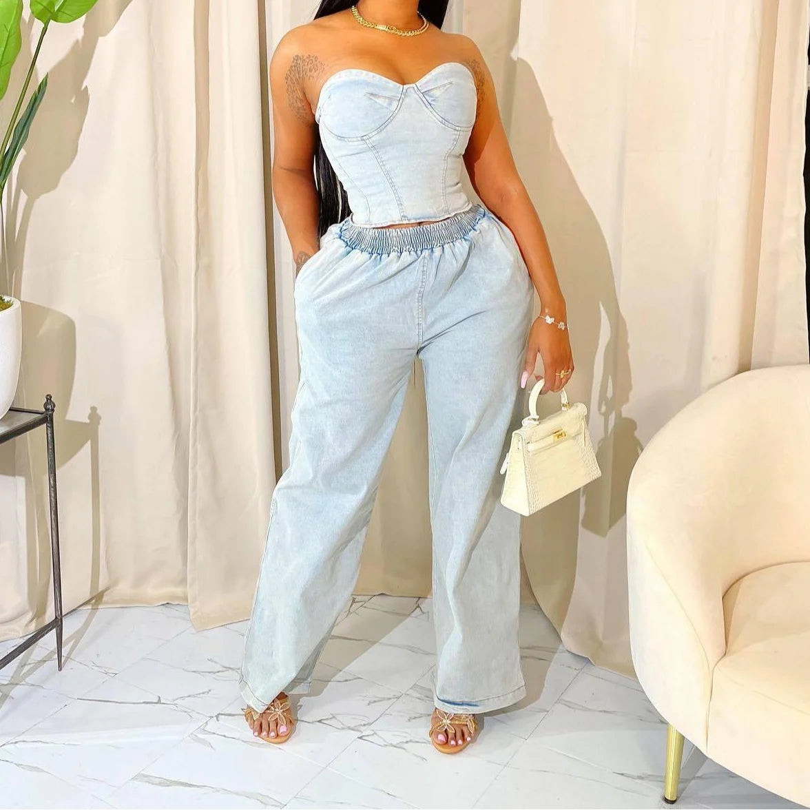 Light Blue Sleeveless Denim Sheath Top & Pants 2‑Piece Set