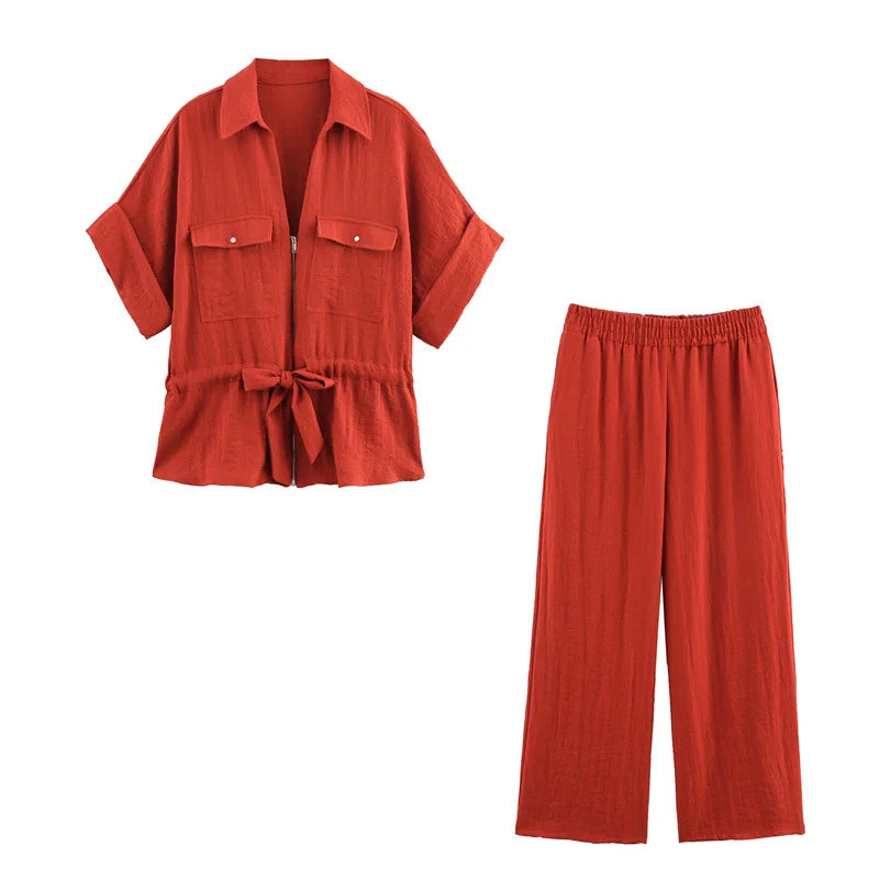 Women's Summer Casual Tie-Waist Shirt and Wide-Leg Pants Set