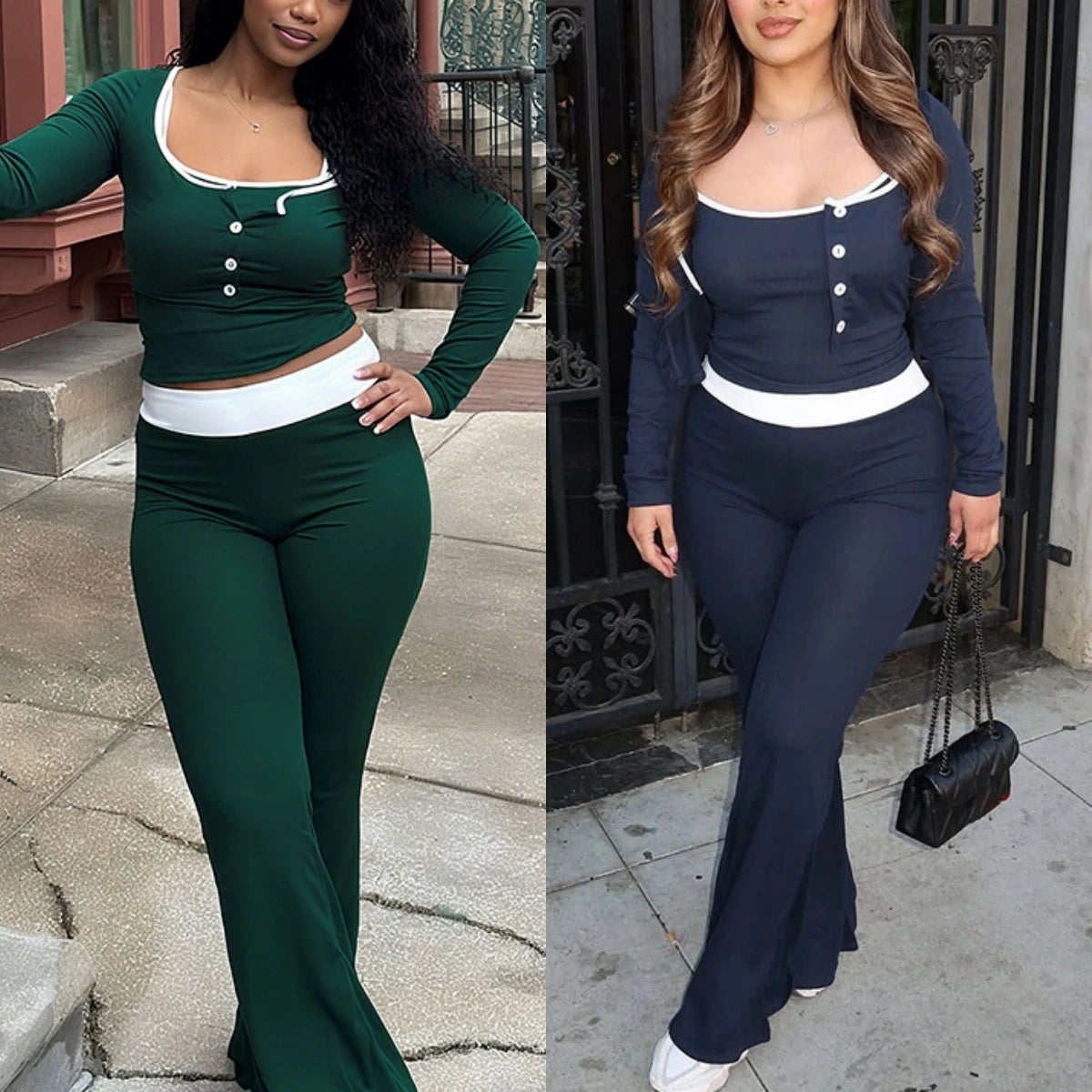 Elegant Green Casual Camisole & Flared Trousers Set