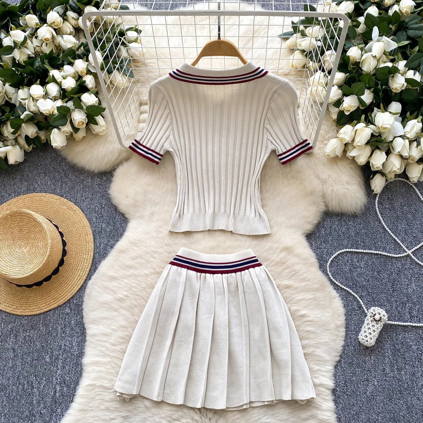 Vintage Women's Knitted Top and High Waist Skirt Set