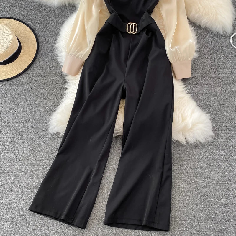 UNIKCOSA Women’s Ruffle Jumpsuit – Spring/Autumn Long Sleeve High-Waist Wide-Leg One-Piece (Elegant Edition)