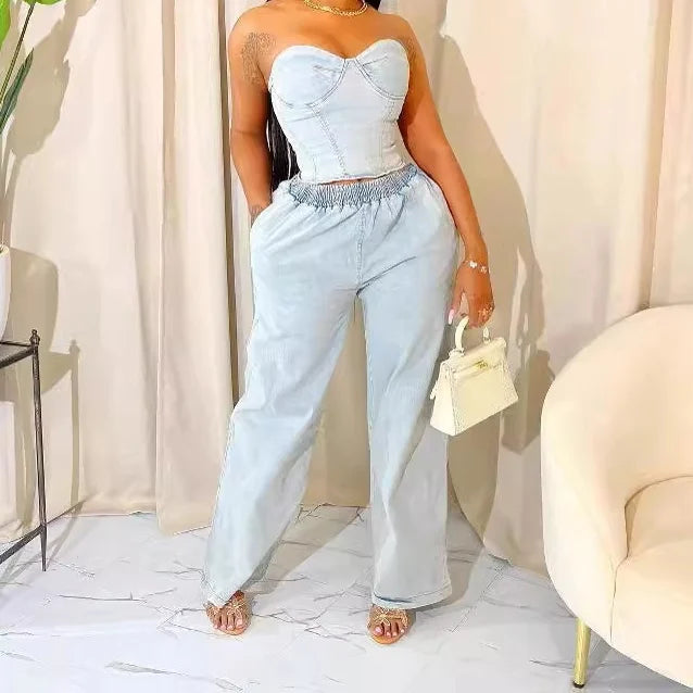 Light Blue Sleeveless Denim Sheath Top & Pants 2‑Piece Set