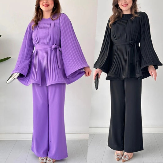 UNIKCOSA Luxe Two Pcs Set Lace Up Pleat Top Leg Pants Chic π«