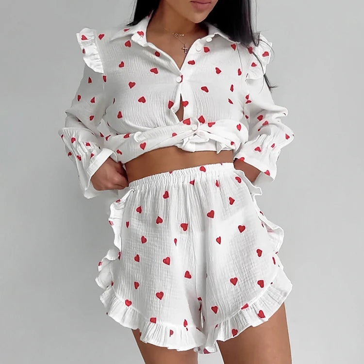 UNIKCOSA Women’s Ruffled Pajama Set – Crepe Cotton Printed Blouse & Shorts 2-Piece Outfit (Summer/Fall 2025 Edition)