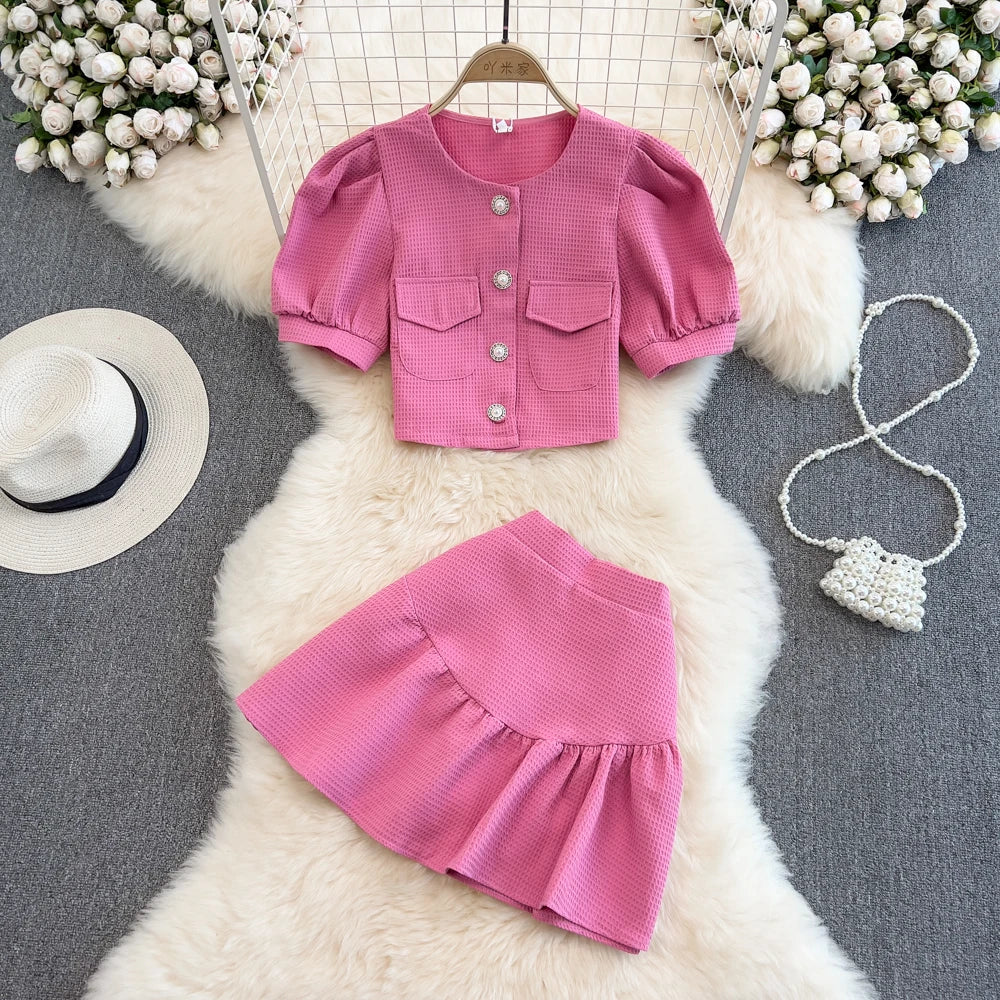 Summer Casual 2 Piece Set For Women O-Neck Puff Sleeve Top And High Waist Skirts Set Ropa Wholesale