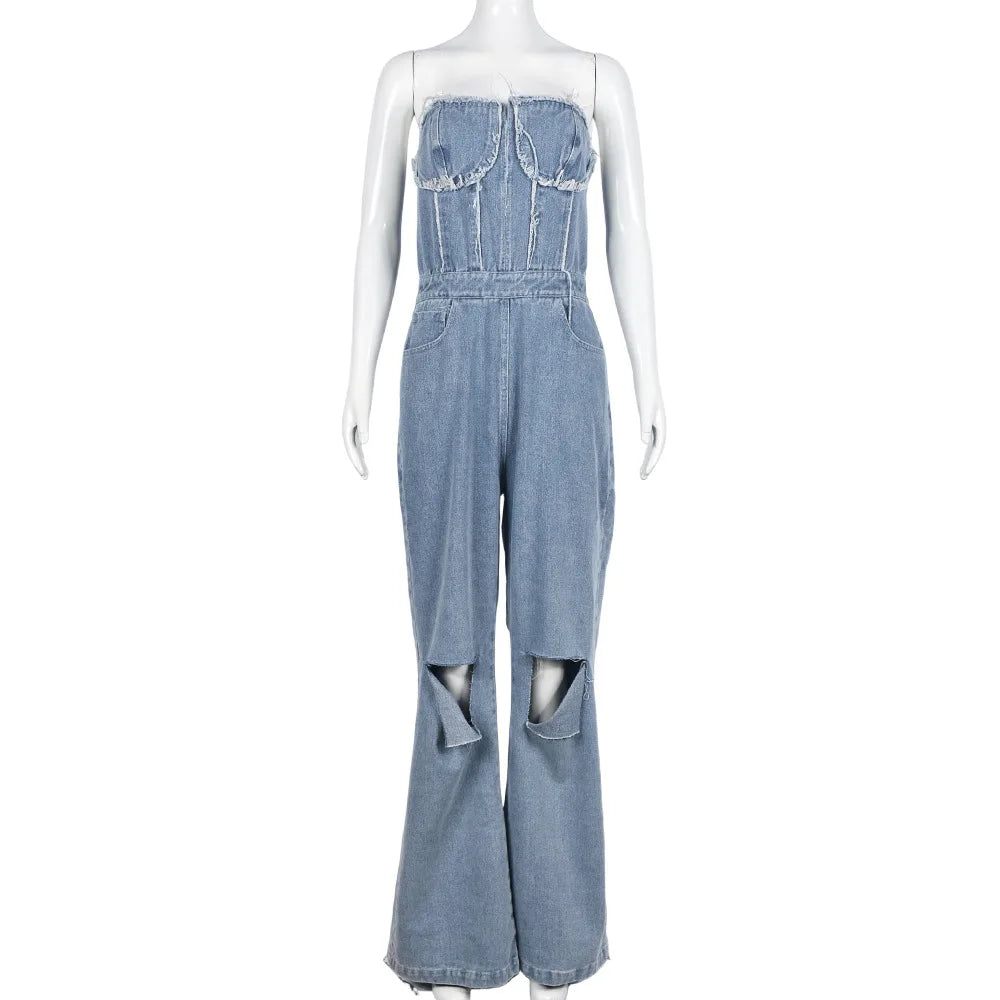 UNIKCOSA UrbanSoul Denim Cargo Jumpsuit Strapless Top 💫
