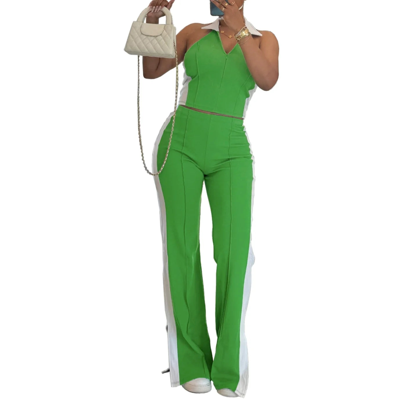 Splicing Collision VβNeck Sleeveless Top with Zipper Slit Pants