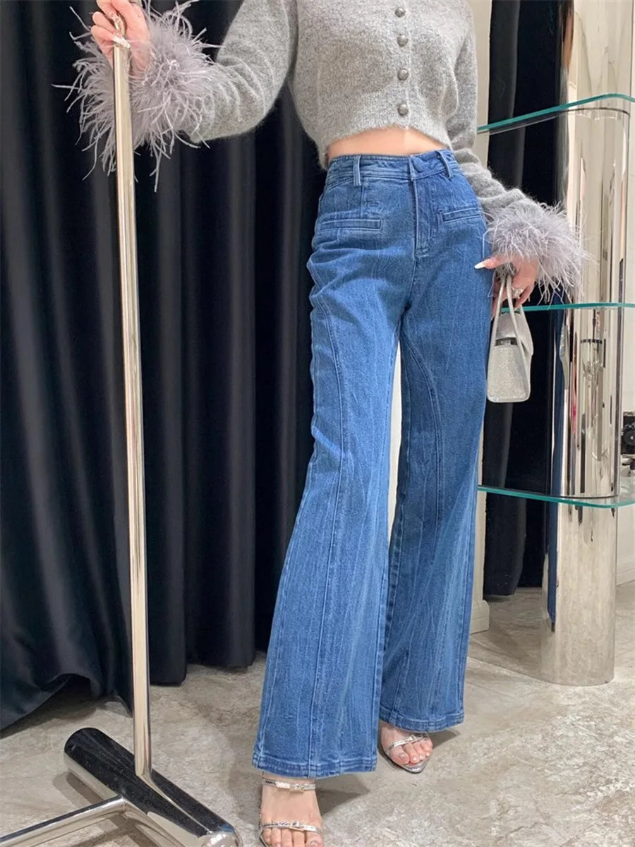 UNIKCOSA Women’s Vintage Patchwork Jeans – High-Waist Straight-Leg Denim with Bowknot & Spliced Pocket Detail