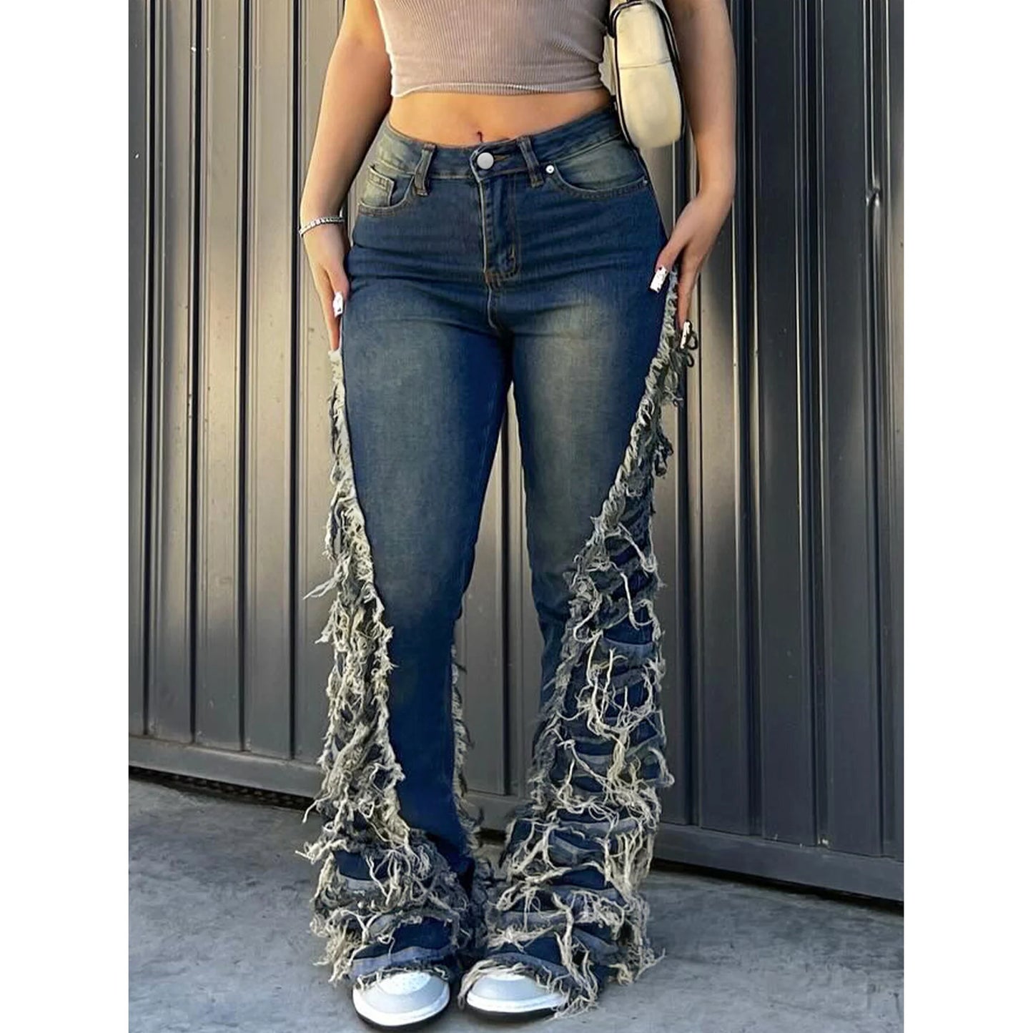UNIKCOSA Women’s Tassel Denim Pants – High-Waist Hollow-Out Y2K Streetwear Jeans (Summer/Autumn 2025 Edition)