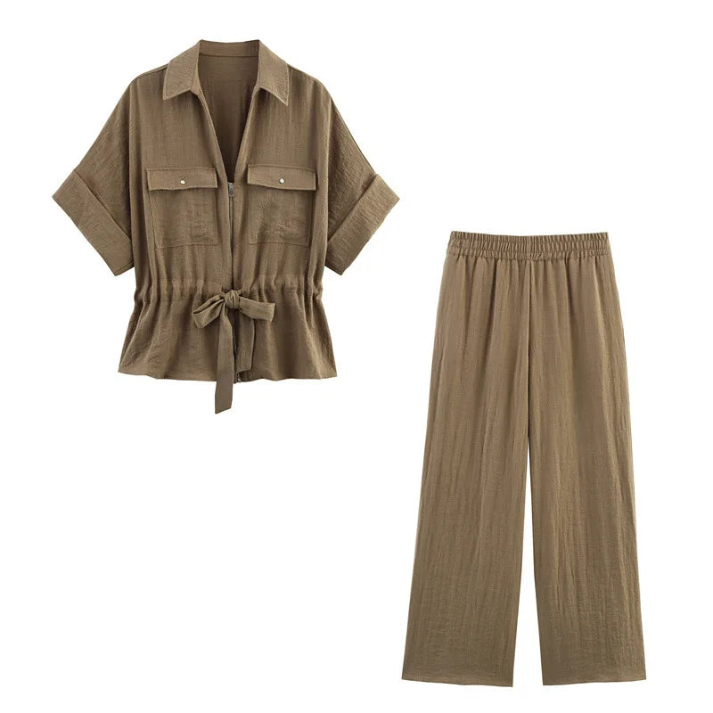 Women's Summer Casual Tie-Waist Shirt and Wide-Leg Pants Set