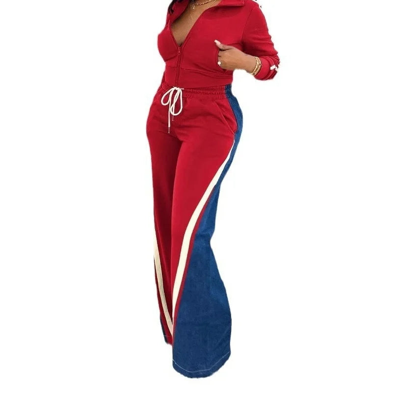 Women's Summer Denim Patchwork Shorts & Long Sleeve Top Set