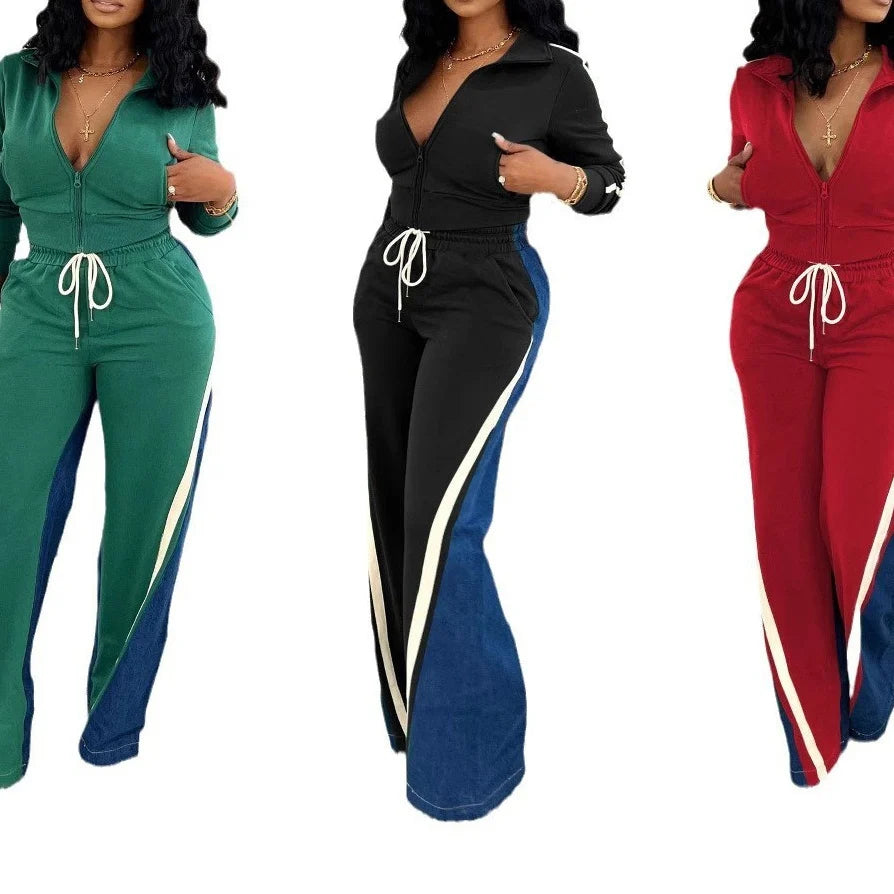 Women's Summer Denim Patchwork Shorts & Long Sleeve Top Set