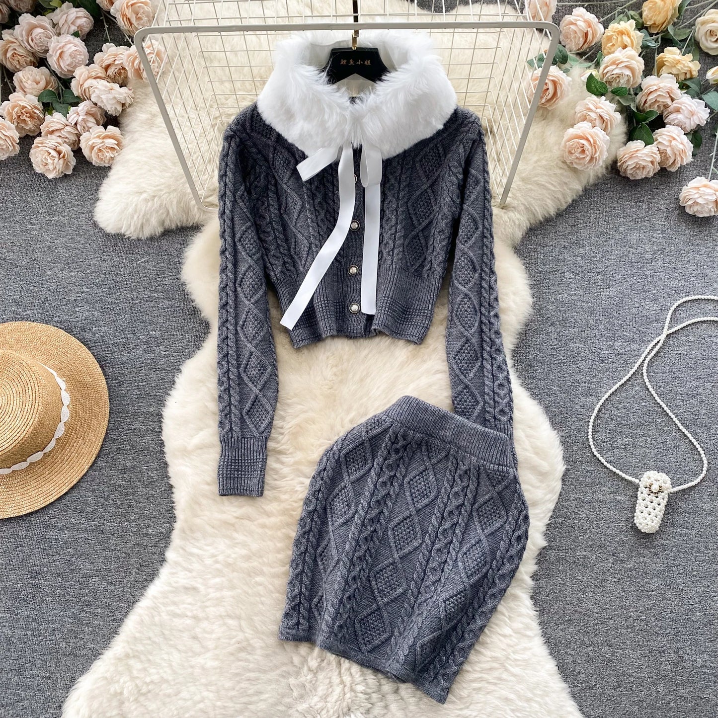 UNIKCOSA Women’s Knitted Two-Piece Set – Elastic Waist Sweater & Bag-Hip Skirt (Chic Cozy Edition)