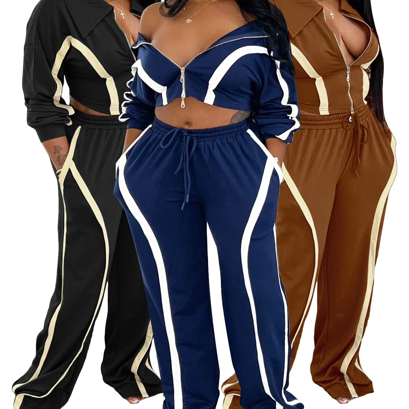 Women's Striped Patchwork Contrast Color Zipper Collar Top & Wide-Leg Pants 2-Piece Set